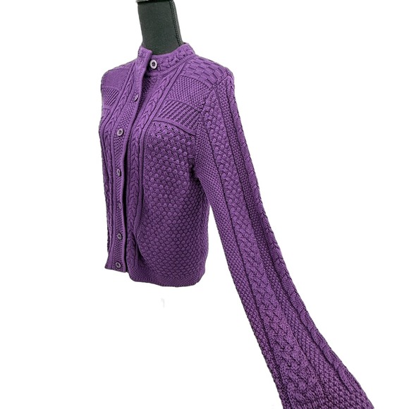 L.L. Bean Women's Sweater Cable Knit Purple Button Front Collarless Cotton Med - Picture 8 of 12